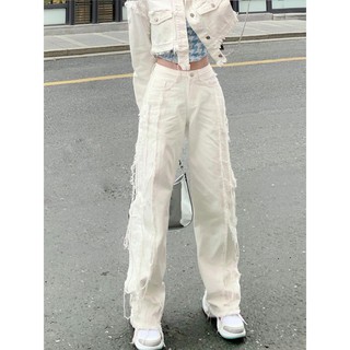 XS-2XL ฤดูใบไม้ร่วงขอบดิบสีขาวตรงขากว้างสูงเอวกางเกงยีนส์ผู้หญิงกางเกงขายาวสีขาว belt