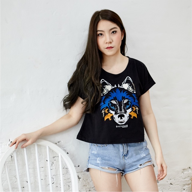 เสื้อครอป-crop-top-แขนสั้น-ปักลายหมาป่า-ผ้านุ่ม-cotton-100