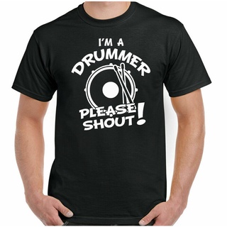 เสื้อยืดผ้าฝ้าย พิมพ์ลาย Im a Drummer Please Shout Mens Funny Drumming Drum Kit Cymbals Band Top AJnnmj08ENonii23 สําหร