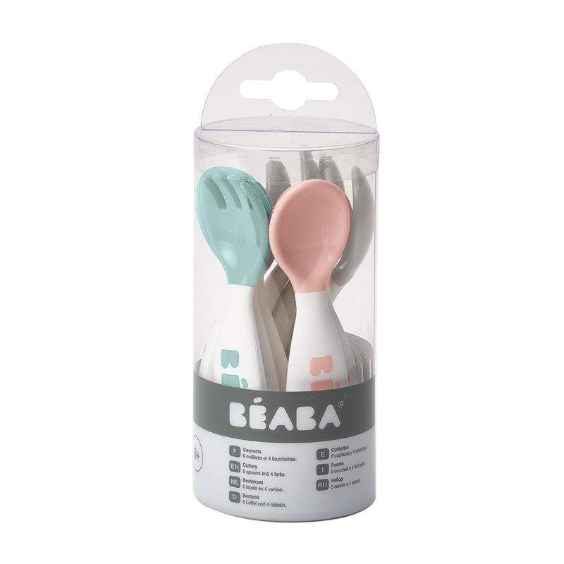 beaba-ชุดช้อนส้อม-10-ชิ้น-set-6-training-spoons-and-4-training-forks-for-2nd-age-light-blue-light-pink-grey
