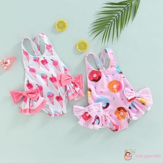 BABYGARDEN-1-6years Baby Girls One-Piece Swimwear, Sleeveless Doughnut/Ice Cream Printed Large Bowknot Ruffled Triangle