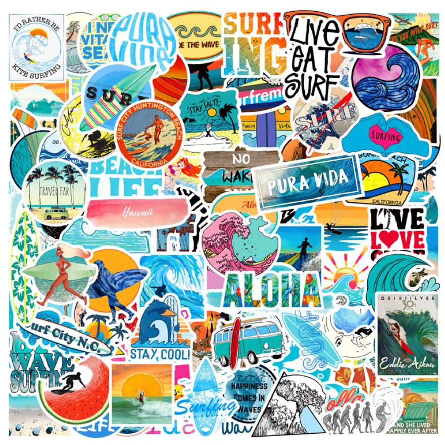ภาพหน้าปกสินค้าสติ๊กเกอร์ติดสเก็ตบอร์ด สติ๊กเกอร์ติดเซิร์ฟสเก็ต Aloha Surfing 100 ชิ้น เคลือบด้าน ติดกระเป๋า Sticker