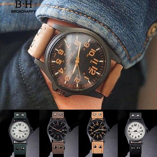 broadhappy👍นาฬิกาแท้⌚วันที่ของผู้ชายตัวเลขภาษาอาหรับหนัง Faux กีฬา Quartz Watch