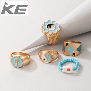 Ring Tai Chi Rice Bead Flower Poker Mushroom Blue Series 5-piece Ring for girls for women low
