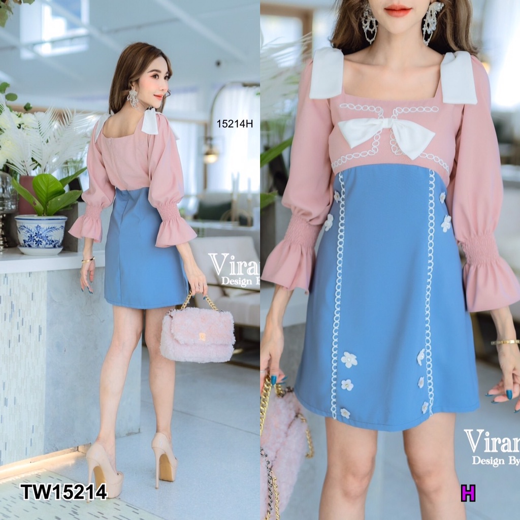 tw15214-เดรสแขนพอง-แขนยาว-สม้อคแขนปลายแขนบาน-อกติดโบว์-ติดลูกไม้ขาวกลมเรียงยาว-กระโปรงทรงเข้ารูป-ผ้าซาร่า