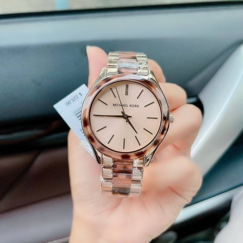 ผ่อน0-นาฬิกา-michael-kors-slim-runway-three-hand-pale-pink-stainless-steel-with-acetate-watch-mk4542-42มม-ชมพู-ลายกระ