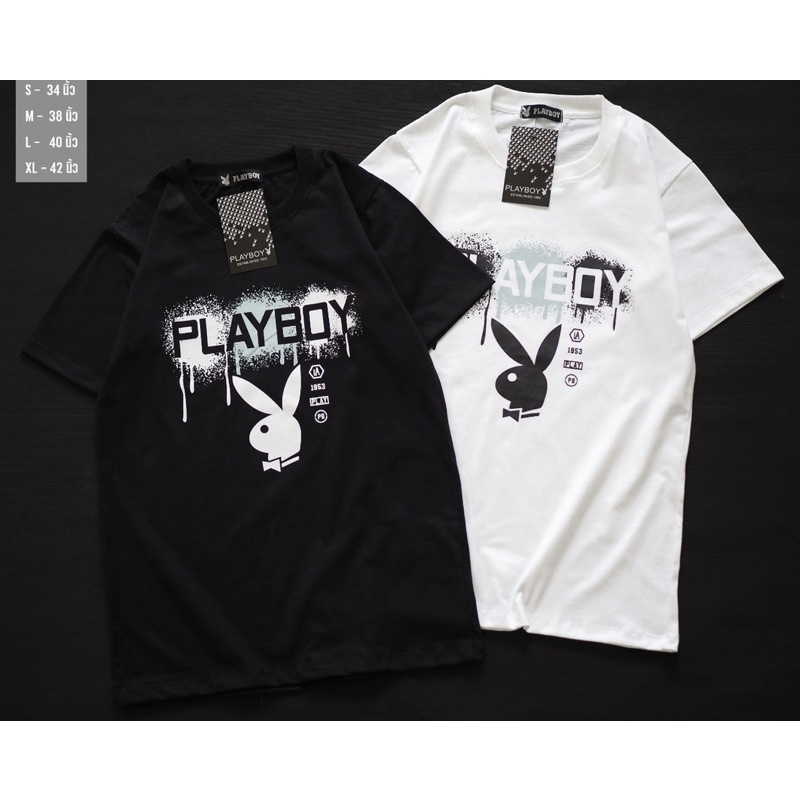 playboy-เสื้อยืดสกรีนเพลบอย-งานสกรีนช่วงลำตัวแน่นๆ-ผ้าคอตตอนล้วน-ผ้านิ่ม-ใส่สบาย-เสื้อยืดทรงตรง-ใส่ได้ชาย-หญิง