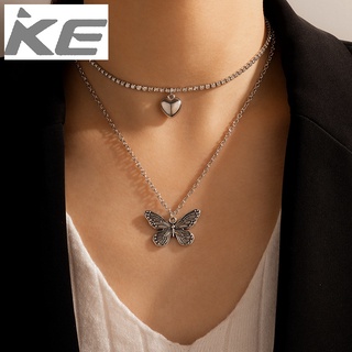Neck Jewelry Simple Silver Love Full Diamond Necklace Butterfly Pendant Double Necklace for gi