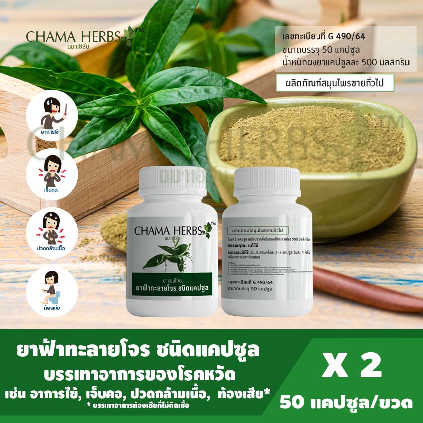 chama-herbs-ฟ้าทะลายโจร-50caps-500mg-ผลิตภัณฑ์สมุนไพรขายทั่วไป-แพ็ค-2-กระปุก