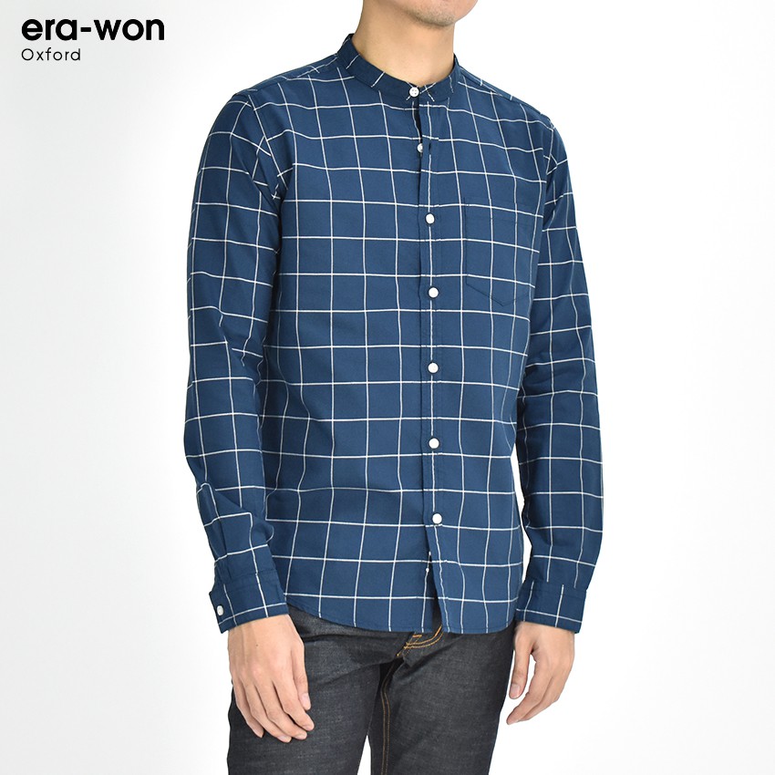 erawon-shop-1717bw-เสื้อเชิ้ตผู้ชายแขนยาว-อ็อกส์ฟอร์ด-คอจีน-graph-checked-mandarin-collar-ทรง-regular-fit-สี-blue-world