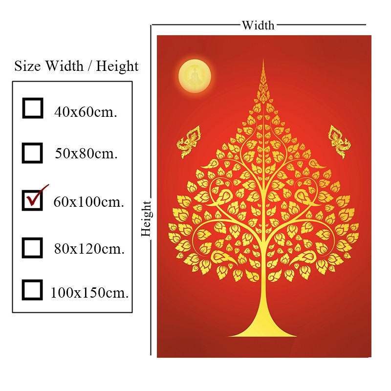 ภาพติดผนัง-ต้นโพธิ์พระจันทร์เทวดาสาธุพื้นแดง-กาวในตัว