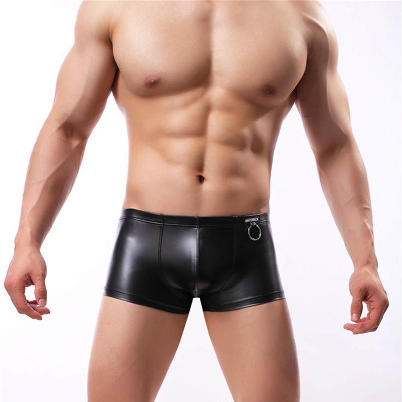 กางเกงในชาย-กางเกงในชายตกแต่งโลหะ-กางเกงบ็อกเซอร์หนังเทียม-men-faux-leather-men-boxers-ring-decoration