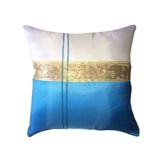 หมอนอิง ผลิตจากผ้าไหมเทียม คาดริบบิ้นลายช้างไทย ขนาด 16”x16” มี 7 สี