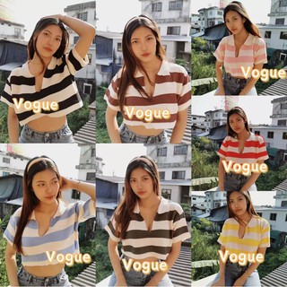 เสื้อ 2xlVogue🌟 พร้อมส่ง🌟เสื้อครอปไหมพรมลายทางคอปกหน้าวีแหวกลึก🥰ร้านโว๊ก( 5958-1)