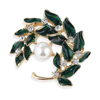 Korean version Green Leaf Rhinestone Pearl Garland Brooch Fresh Pastoral Style Green Leaf Branch Wreath Pearl Brooch Popular All-match Unisex Accessories