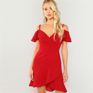 ‼️SALE‼️พร้อมส่ง COLROVIE RED Shoulder Surplice Party Dress #dress180824719