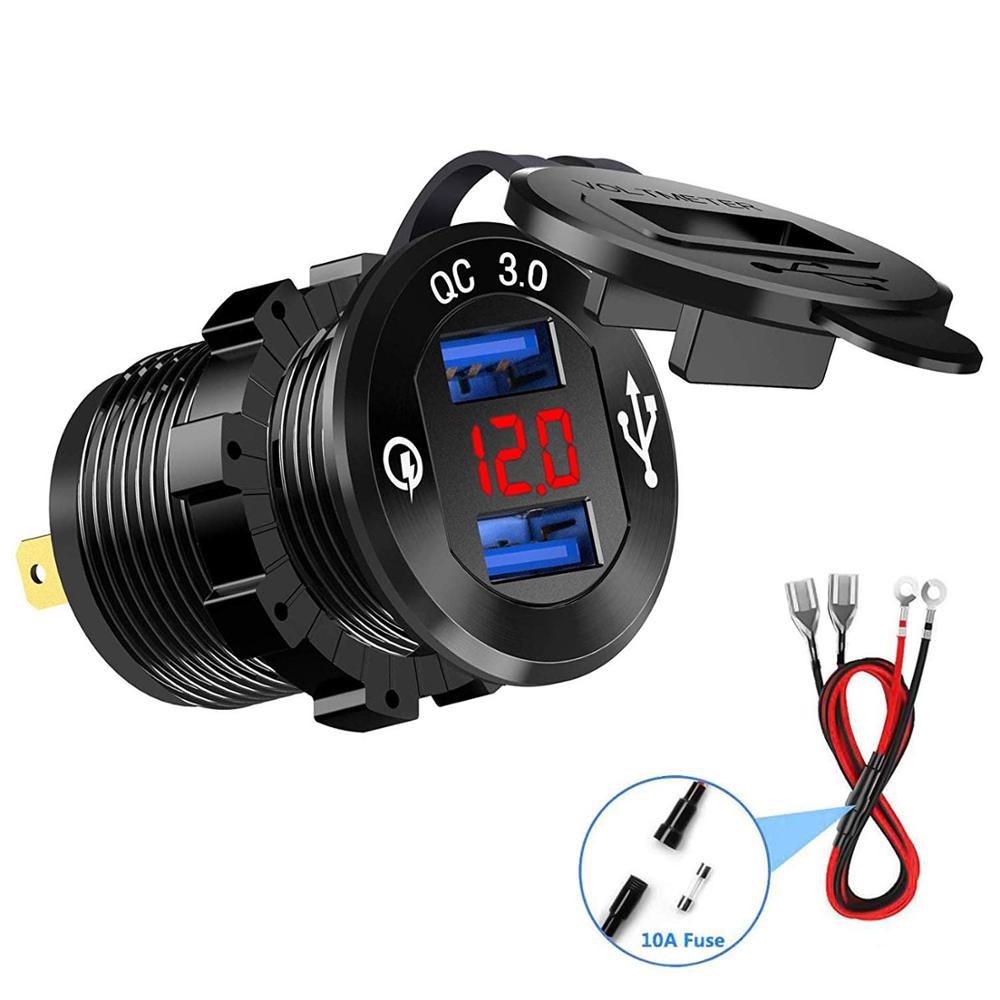 ภาพหน้าปกสินค้าDual Quick Charge 3.0 USB Car Charger Socket Power Outlet with Voltmeter 12V/24V 36W for Car Marine Boat Rv ATV Truck Go