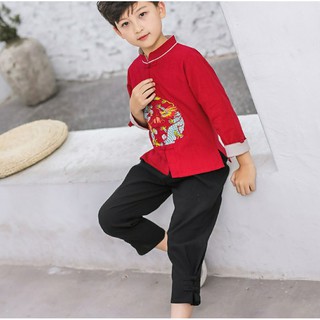 สินค้า ชุดจีนเด็กผู้ชาย ชุดกี่เพ้าหนุ่มน้อย ชุดจีนสีแดงเสื้อพร้อมกางเกงขายาว