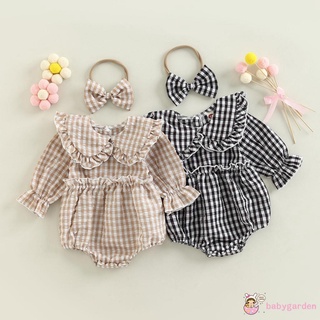 Babygarden-0-18months ชุดรอมเปอร์แขนยาว คอตุ๊กตา ลายสก๊อต และที่คาดผม สําหรับเด็กผู้หญิง