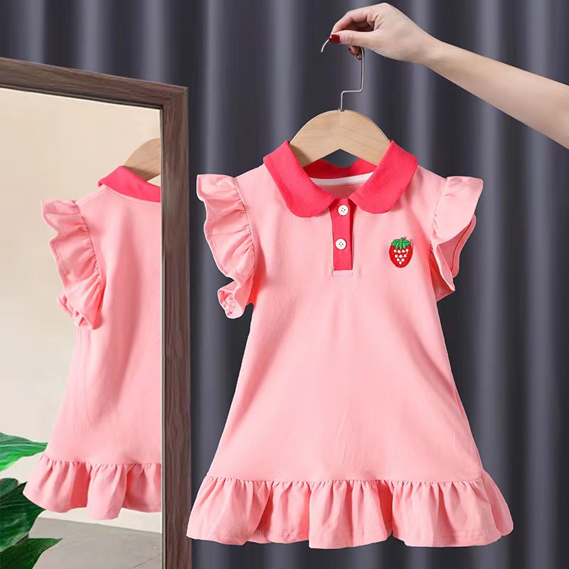 babyonline-y415-g4-ชุดเดรสเสื้อโปโลคอพับเด็กแต่งกระโปรงจีบรอบปักลายสตรอเบอร์รี่-ผ้าฝ้าย