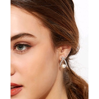 ต่างหูแฟชั่น ต่างหูมุก Silver Plated Faux Pearl Rhinestone Stud Earrings (ส่งจากไทย)