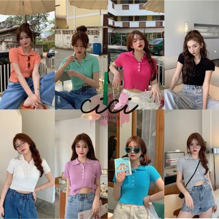 Cici(พร้อมส่ง)เสื้อครอปแขนสั้นคอปกสีพื้นงานไหมพรม(6043)