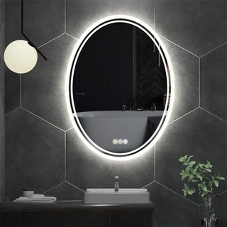 กระจกห้องน้ำ LED รูปวงรีติดผนัง Vanity Smart Mirror พร้อมไฟ, Backlit, Anti-Fog &amp; Dimmable พร้อมเซ็นเซอร์สัมผัสสี, กันน้ำ