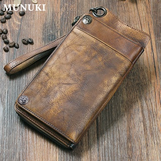 Munuki กระเป๋าสตางค์ หนังแท้ ใบยาว มีซิป สไตล์วินเทจ แฟชั่นสําหรับผู้ชาย WP004
