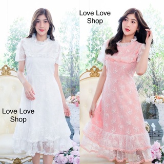 เดรสลูกไม้ขาว!!! M-4XL Dress เดรสสีชมพูผ้าปักลูกไม้แต่งระบาย งานป้าย Love Love