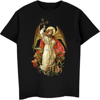 เสื้อยืดผู้ เสื้อยืด พิมพ์ลาย Saint Michael Destroy The Devil Catholic Christian สไตล์ฮาราจูกุ สตรีท สําหรับผู้ชาย S-5XL