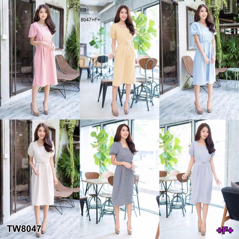 lt-tw8047-gt-dress-เดรสคอเหลี่ยมแขนตุ๊กตา-ปลายแขนจั๊ม-เนื้อผ้าบับเบิ้ลลายสก๊อต-ซิปหลังยาว-มีเชือกผูกเอว