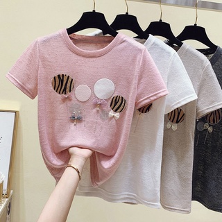 เสื้อยืด แขนสั้น ประดับเพชร ทรงหลวม แฟชั่นสําหรับสตรี