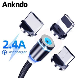 Ankndo สายชาร์จแม่เหล็ก 1 สาย 3 หัว แบบ Type C, Micro และ Lightning สำหรับ Ios Android 1 เมตร