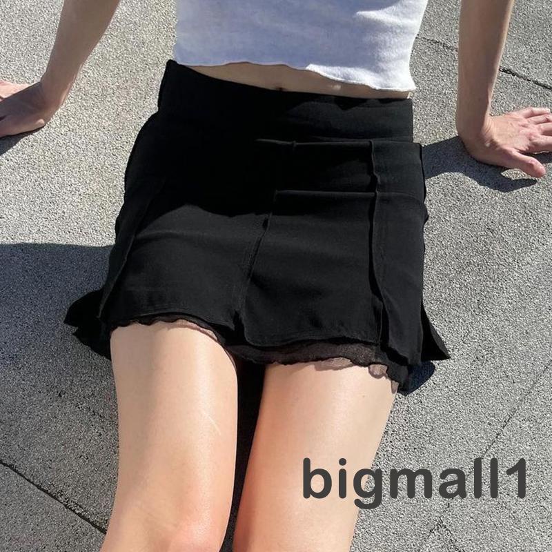 bigmall-women-mini-skirt-spring-summer-leisure-style-solid-color-mid-waist-mesh-splicing-split-bodycon-skirt