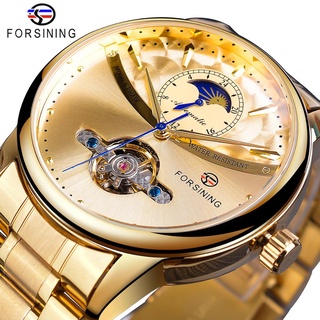 Forsining Tourbillon Automatic Men Watch Classic Golden Male Clock Moon Phase Mechanical Stainless Steel Band Wristwatch