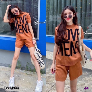 TW14944  Set 2 ชิ้น เสื้อแขนสั้น อกทอลายตัวอักษร มาพร้อมกางเกงขาสั้น มีกระเป๋าล้วงข้าง เนื้อผ้าไหมพรมทั้งชุด