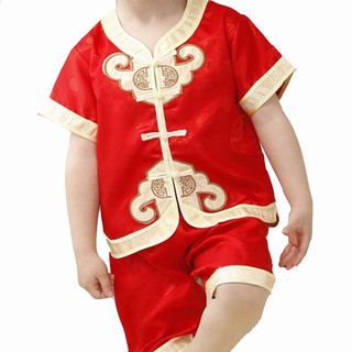 ชุดจีนเด็กชาย เสื้อแขนสั้น+กางเกงขาสั้น ผ้าแพรเนื้อนิ่ม ใส่สบาย : สีแดง ผ้าเหลือบลายมังกร คอจีน #CNY40R