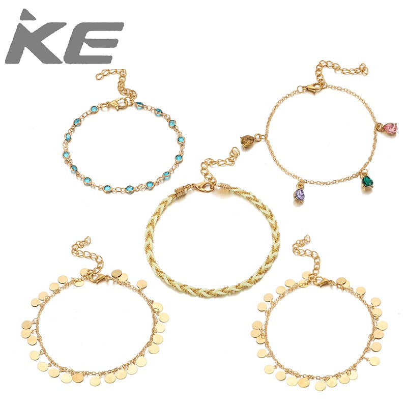 foot-accessories-alloy-disc-colored-diamond-hand-woven-rope-anklet-5-piece-set-for-girls-for-w