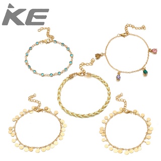 Foot accessories Alloy disc colored diamond hand-woven rope anklet 5-piece set for girls for w