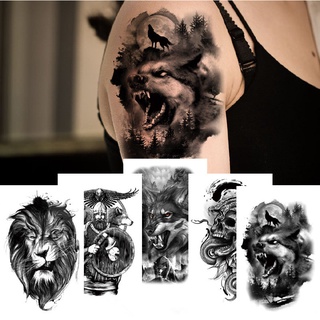 【Magic Tattoo】สติกเกอร์รอยสักชั่วคราว ลายสัตว์ หมาป่า สิงโต เสือ กะโหลก งู สีดํา สําหรับผู้หญิง ผู้ชาย