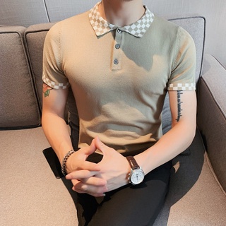 Summer light luxury business casual slim knit short-sleeved polo shirt male Britishtrend brand slim lapel solid color T-