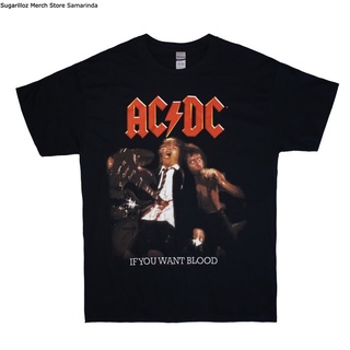 คอลูกเรือเสื้อยืดคอกลมเสื้อยืด พิมพ์ลายวง Ac/dc IF YOU WANT BLOOD Mผ้าฝ้ายแท้