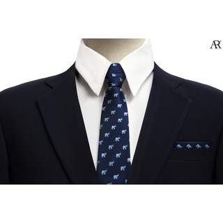 ANGELINO RUFOLO Set Necktie(เนคไท)+Pocket Square(ผ้าเช็ดหน้าสูท) ผ้าไหมทออิตาลี่คุณภาพเยี่ยม ดีไซน์ Elephant สีกรมท่า/ดำ