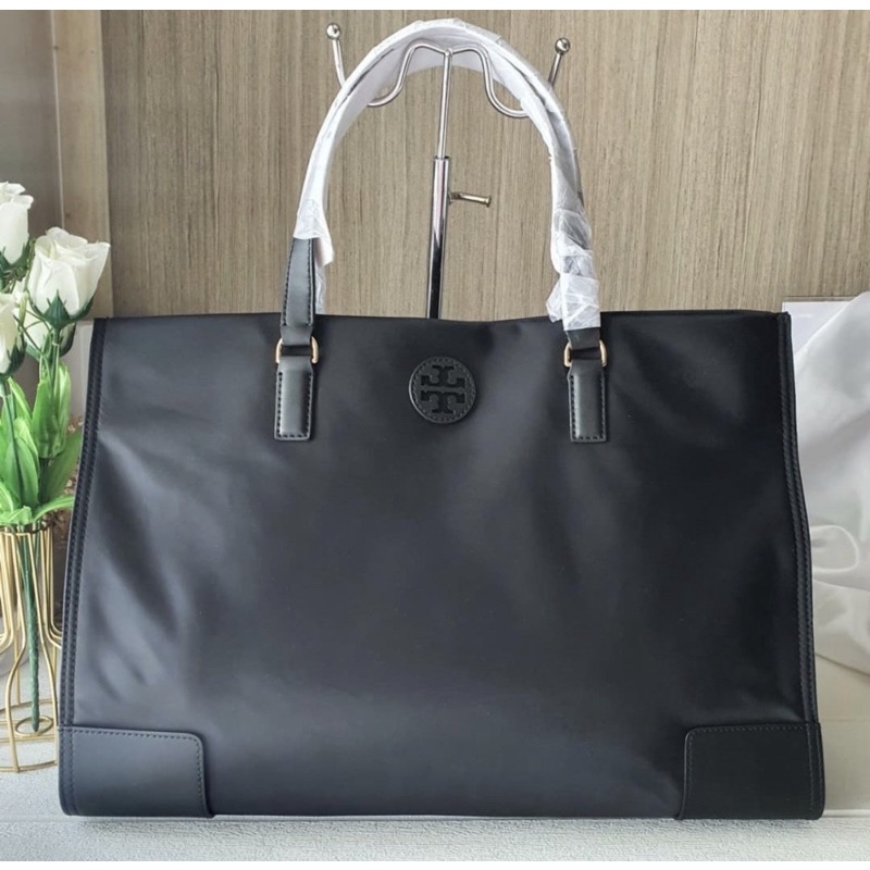 สด-ผ่อน-กระเป๋าสะพายสีดำ-สีกรม-16-นิ้ว-tory-burch-81478-large-ella-black-nylon-leather-shoulder-bag-tote-handbag