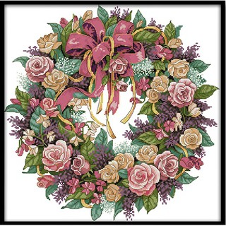 ชุดปักครอสติช พวงมาลัยดอกไม้ ช่อดอกไม้ มงกุฎดอกไม้ ดอกกุหลาบ (Wreath of roses cross stitch)
