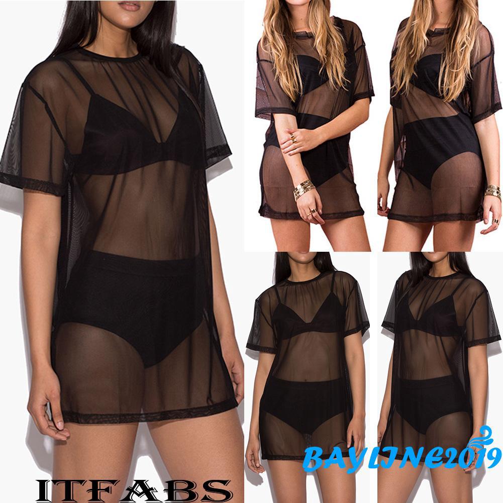 ♪TY★Women Soft Pullover Blouse Coat Boho Casual Black Mesh Beach Bikini Cover Up Top