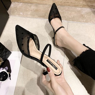 🔥Hot Sale 👠 Baotou รองเท้าแตะครึ่งตัวของผู้หญิงสวมใส่ด้านนอก 2019 ฤดูร้อนใหม่ชี้เท้าตาข่ายเส้นด้ายจุดคลื่นดีรองเท้าแตะ