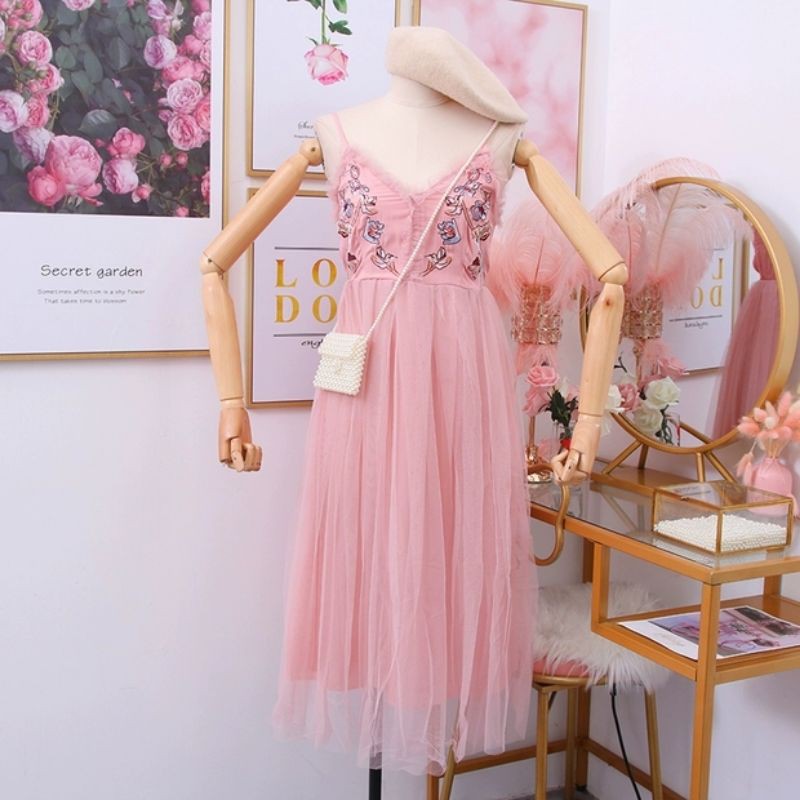 เดรสสายเดี่ยวกระโปรงมุ้ง-พร้อมส่ง