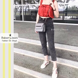 BabarryJeans ยีนส์บอยเฟรน เอวสูง ปลายตัด สียีนส์ดำฟอก