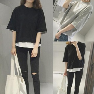 เสื้อยืดแขนครึ่ง คอกลม สีพื้น แฟชั่นสตรี